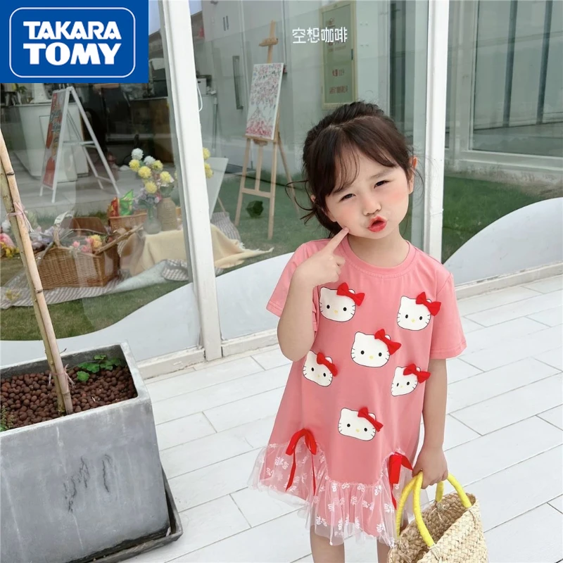 

TAKARA TOMY Summer Girls Dress Three-dimensional Bow Mesh Stitching Hello Kitty Dress Loose Round Neck Comfortable Dress