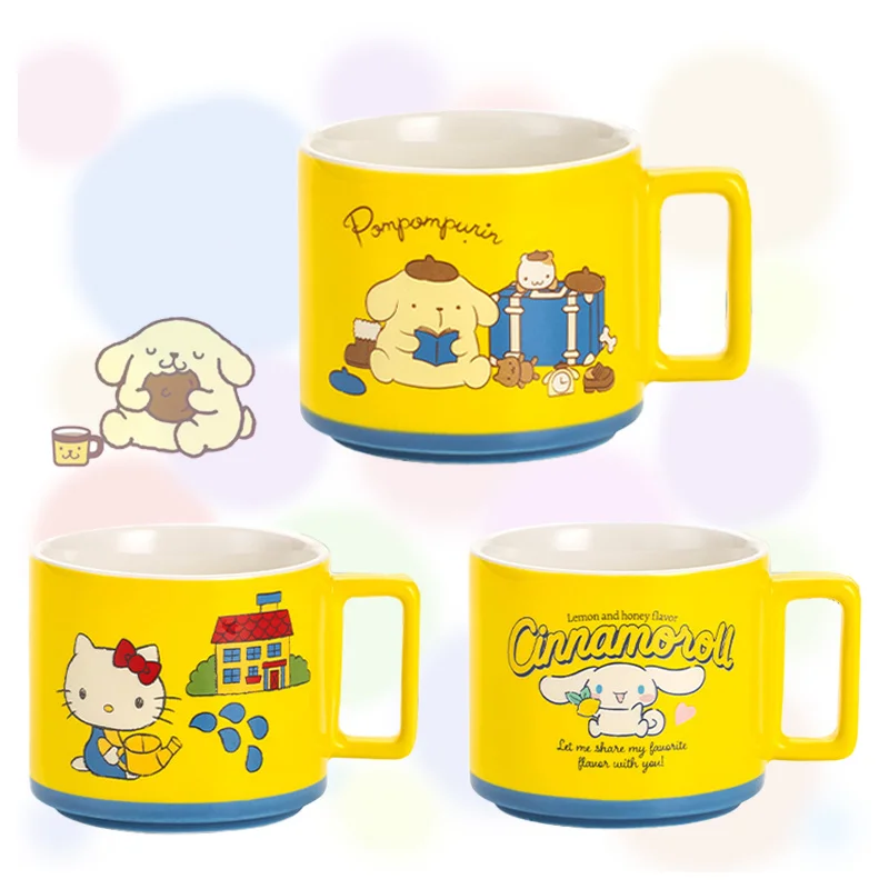 PINK Sanrioed Kawaii Cartoon Childlike Contrasting Color Breakfast Cup Cinnamoroll Purin Dog KITTY Anime Bubble Tea Ceramic Mug