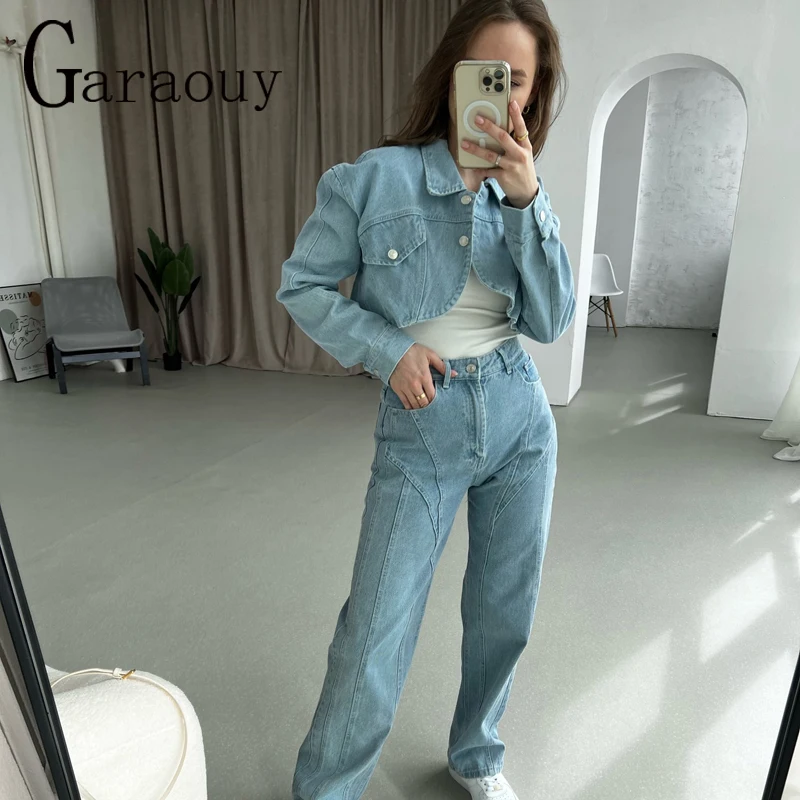 

Garaouy2023 New Women Crop Denim Jacket Jeans Two Piece Set Vintage Sexy Streetwear Coat Female Tops Veste Printemps Mujer Femme