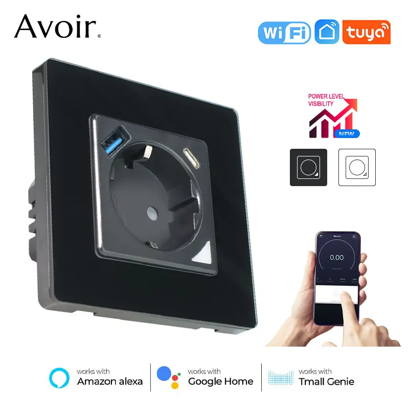 

Avoir Tuya Wifi Smart Socket EU Power Outlet Glass Panel Usb Type C Fast Charger Port Voice Control Work With Alexa Google Home