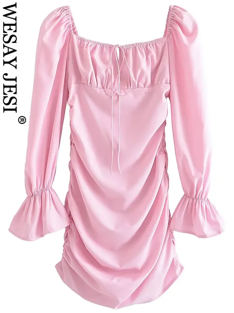 

WESAY JESI Fashion Solid Pink Short Dress Square Neck Raglan Long Sleeves Flared Cuffs Gathered Slim Pleated Elegant Women Dress