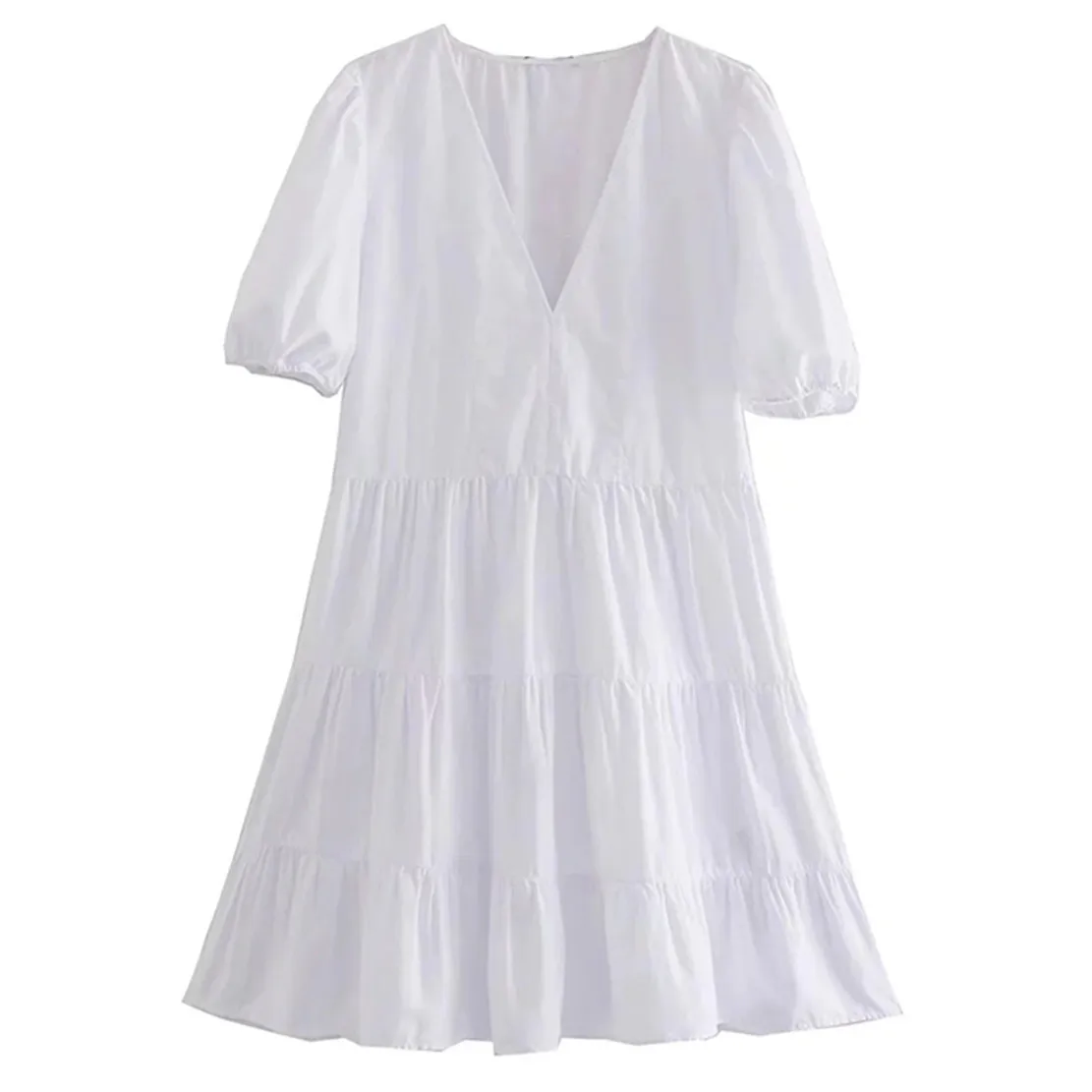 

Withered French Style Indie Folk Retro V-neck Cascading Loose Pure White Dress Fashion Casual Party Summer Dress Women