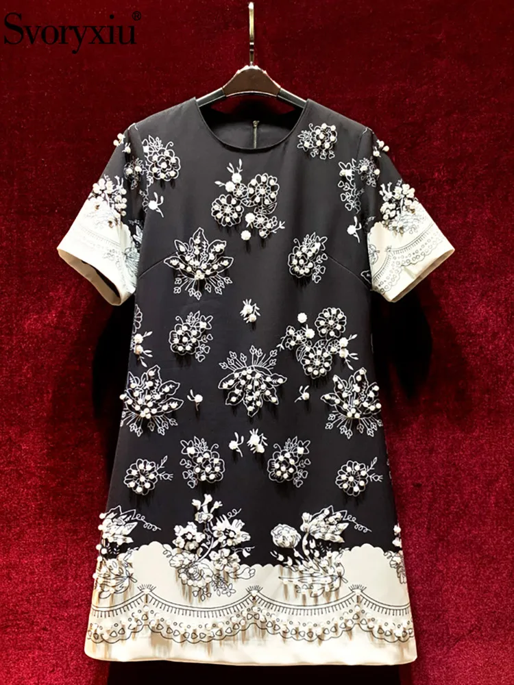 

Svoryxiu High Quality New Fashion Runway Summer Vintage Luxury Print Mini Dress Women's Short Sleeve Beading Loose Waist Dress