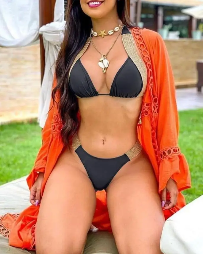 

Bikini 2023 Women Summer Fashion Contrast Paneled Sexy Halter Sleeveless Tied Detail Skinny Vacation Triangle Bikini Set