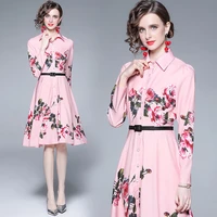 2022 spring and summer new womens polo collar long sleeve broken flower retro celebrity elegant french fashion dress with belt