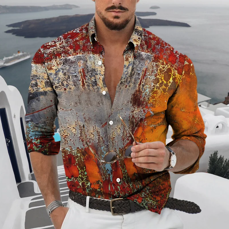 Graffiti Print Long Sleeve Casual Tops Men Shirt 2022 Spring Autumn Fashion Shirts Turn-down Collar Buttoned Cardigan Men's