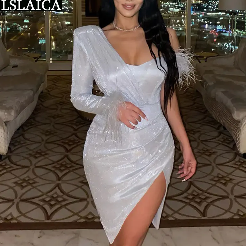 

Sexy Summer Dress for Women One Shoulder Split Bodycon Mini Dresses Irregular Fashion Long Sleeve Skinny Party Club Dress
