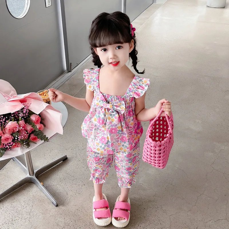 

Летние комплекты детской одежды, жилет с бантом и штаны для маленьких девочек, 2 шт., детские пляжные праздничные костюмы, Одежда для младенцев, наряды