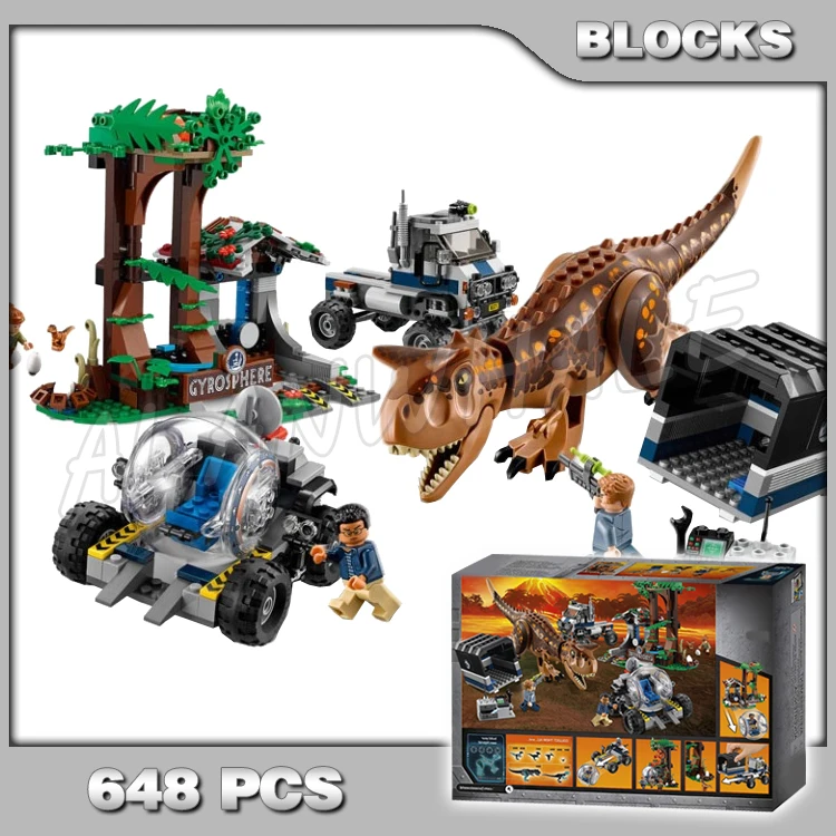 

648Pcs Jurassic World Carnotaurus Gyrosphere Escape Velociraptor Model Building Blocks Dinosaur Gift Brick Compatible with 10926