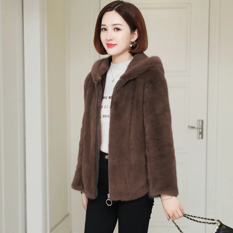 Women's Short Flannel Coat, Short Faux Rabbit Fur Jackets Skinny Girl Slim Winter Style, Girl Thickened Hooded Fur Coat Coat