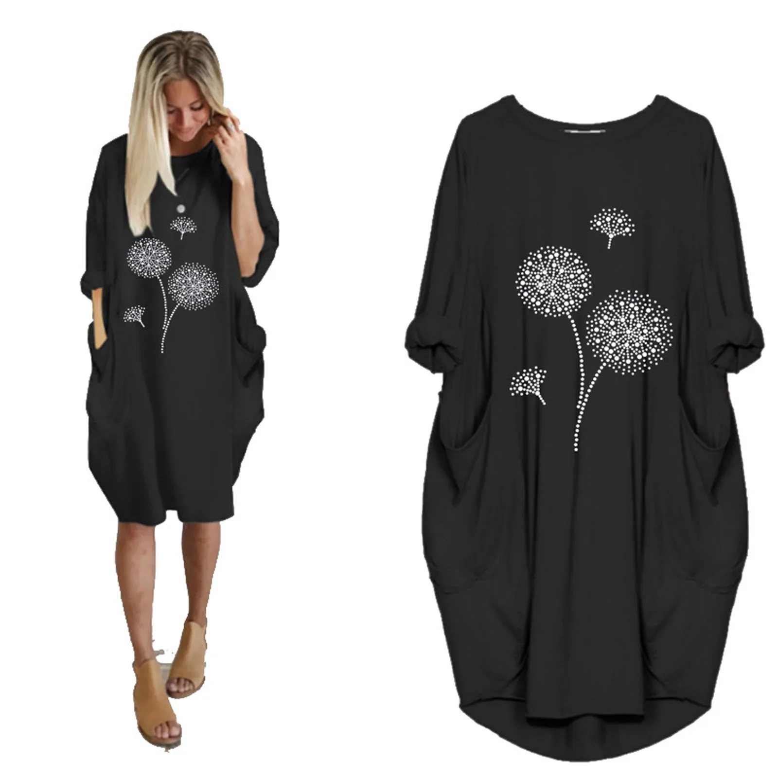 

Women Casual Loose Printed Crewneck Short Sleeve Pocket Dress Summer Daily Dress