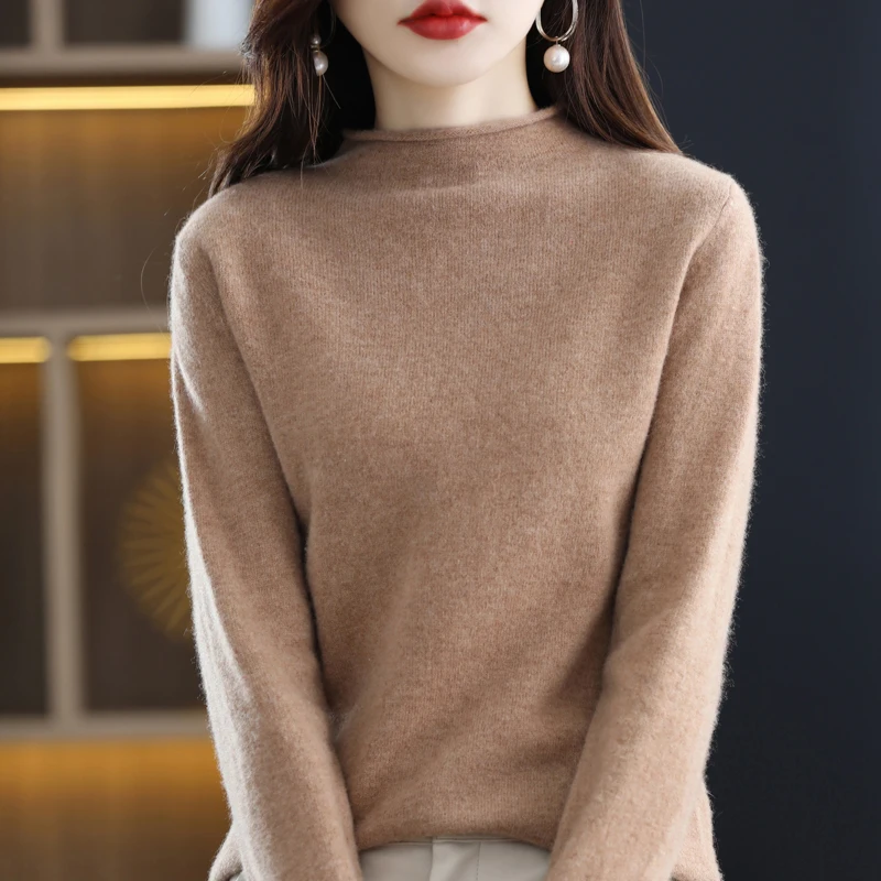 

100% Wool Knitted Woman's Sweater Autumn Winter Half Turtleneck Jumper Female Pullover Long Sleeve Baisc Cashmere Sweater Blouse