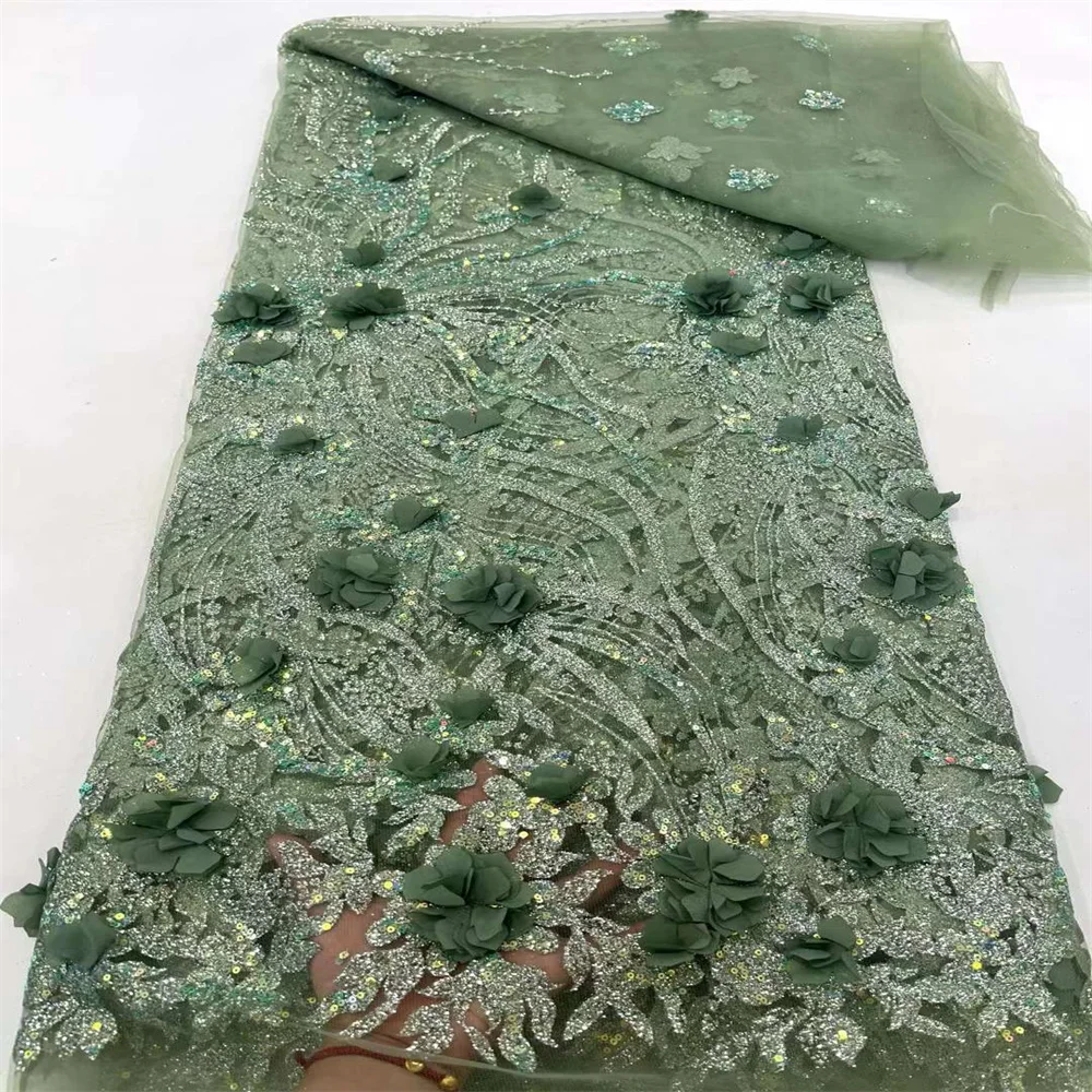 Африканская кружевная ткань с 3D цветами и блестками 5 ярдов 2024