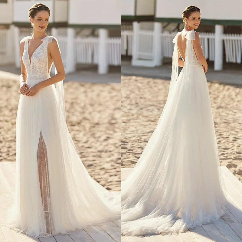 Elegante Principessa Pizzo Tulle Boho 2023 Abiti Da Sposa Scollo A V Spalline Lunghe Abiti Da Sposa Abito Da Sposa Con Spacco Alto