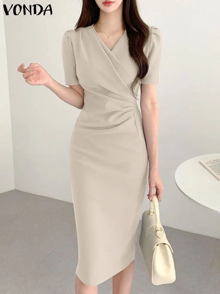 

VONDA Sexy V-Neck Elegant OL Dress 2023 Summer Women Fashion Mid-Calf Sundress Solid Color Short Sleeve Pleat Office Robe Femme