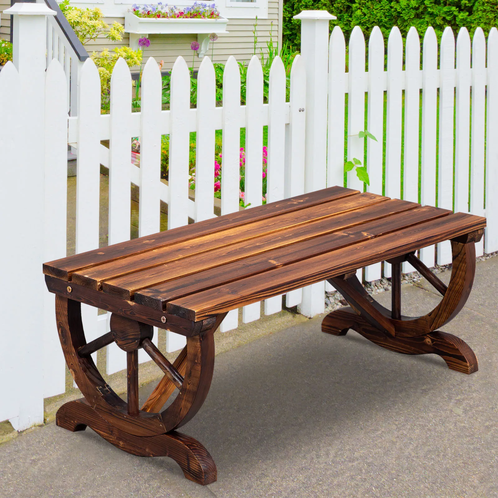 Garden Bench, Outdoor Wagon Wheel Porch Bench For Backyard Patio Garden, Brown