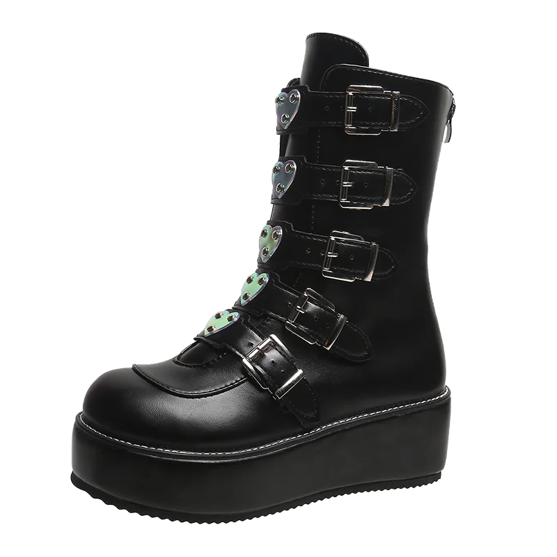

New Knight Boots Fashion Double Row Metal Square Buckle Women's Boots Wedge Heel Platform Belt Buckle Heart Boots Platform Shoes
