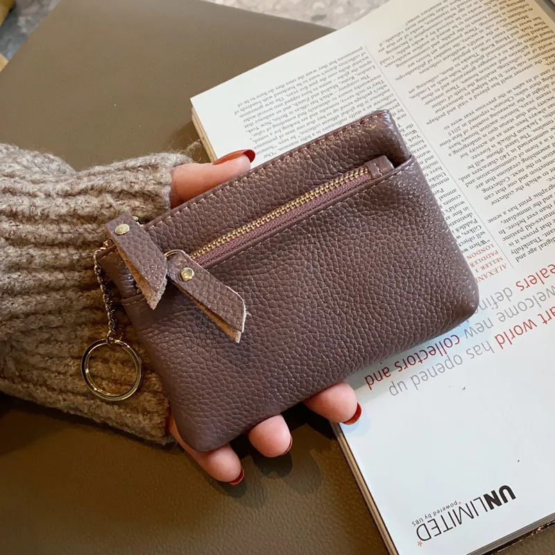 Mini Real Leather Coin Purses Women First Layer Calfskin Short Wallet Double-layer Zipper Female Purse With Keychain Card Holder