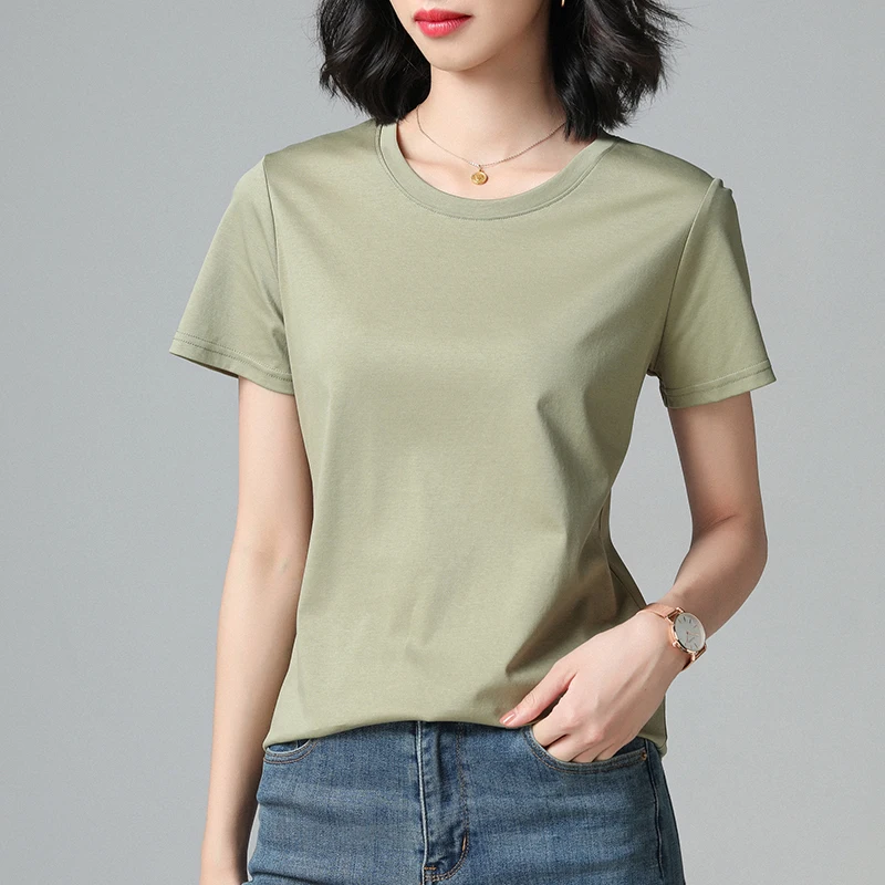 

Mercerized Cotton V-O-Collar T-Shirt Ladies 2022 Summer New Solid 100% Cotton Short-Sleeved Tops Combed Cotton Knit Pullovers