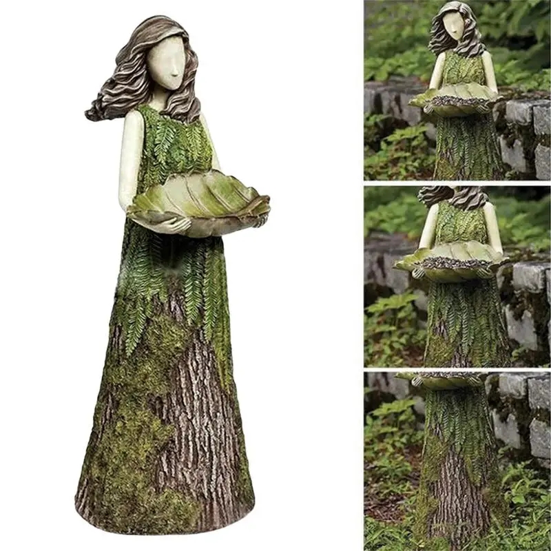 Green Fairy Statue Bird Feeder Bird Bath For Garden Lawn Yard Art Porch Patio Outdoor Decorations