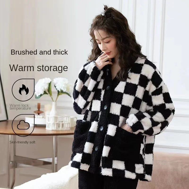 Pajamas For Women Winter Flannel Long Sleeved Open Button Checkered Wool Pajamas Thick Warm Velvet Lady Lovely Sweet Pajamas