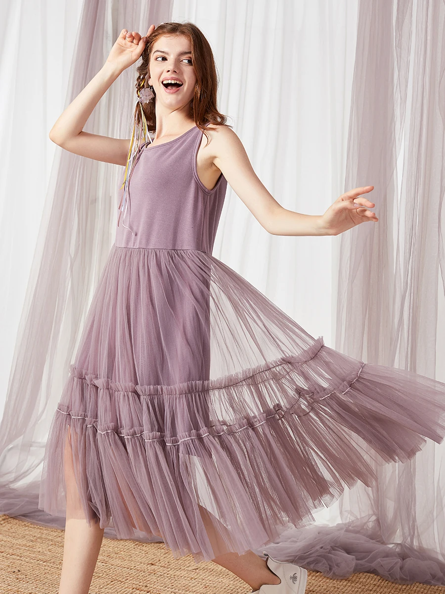 [В наличии Купить 3 бесплатно] Elevenrain Фиолетовое платье без рукавов Сетчатая юбка