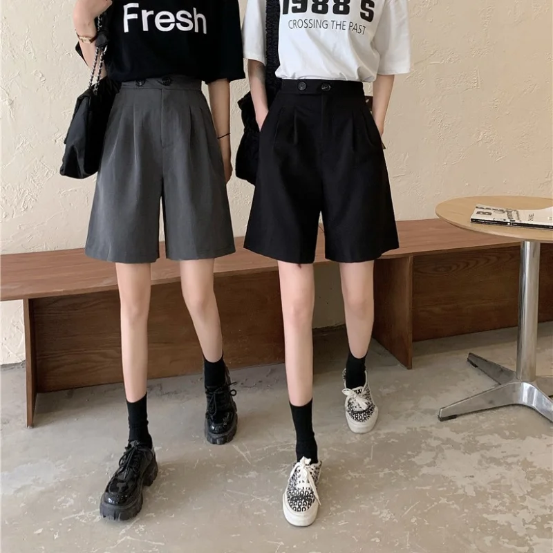 Loose Casual Straight High Waist Shorts with Front Pleats Thin Streetwear Summer Clothes for Women 2021 New Fashion Suit Shorts