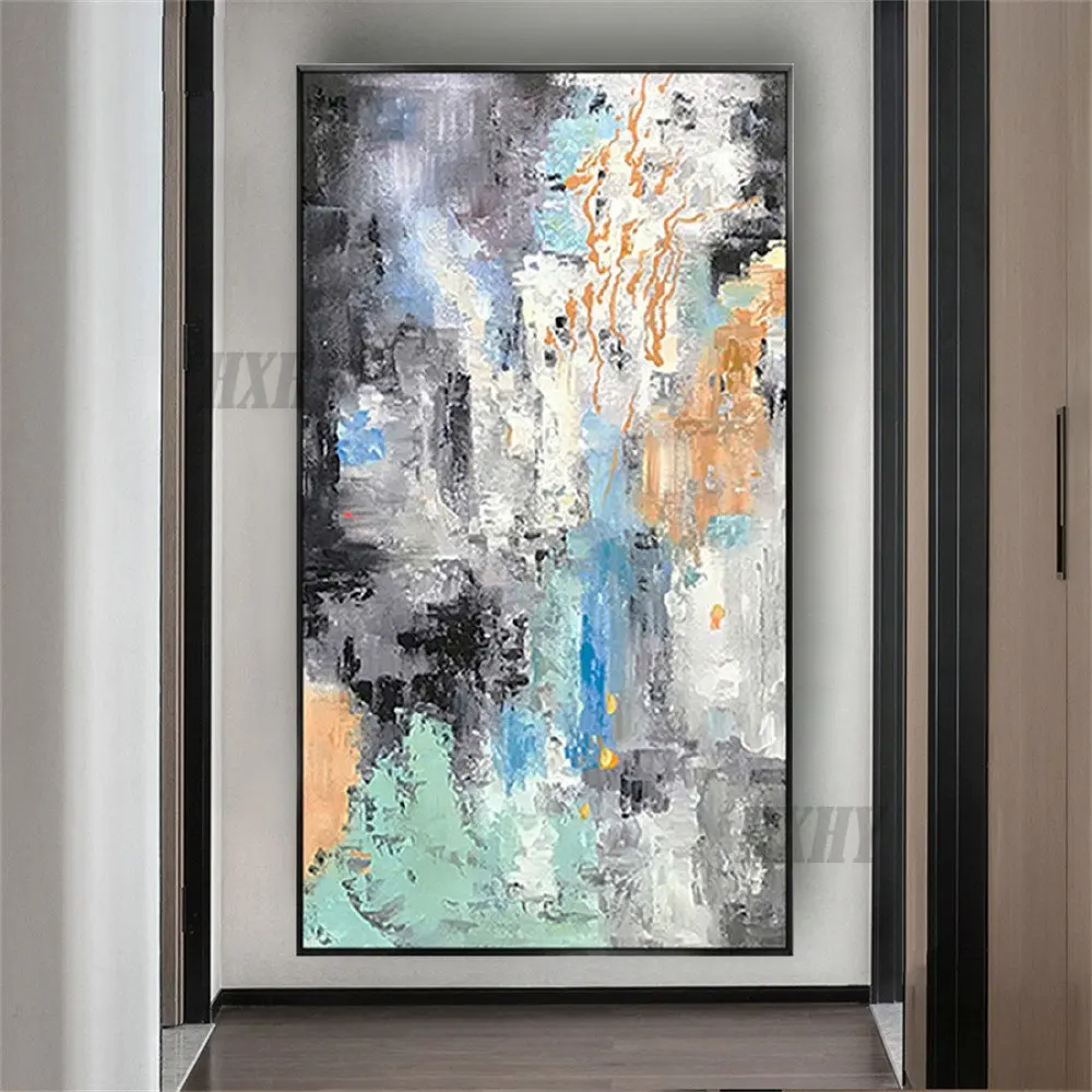 

Huge Hand Painted Abstract Oil Painting Contemporary Art Paintings Blue Grey Vertical Wall Pictures Modern Design Artwork