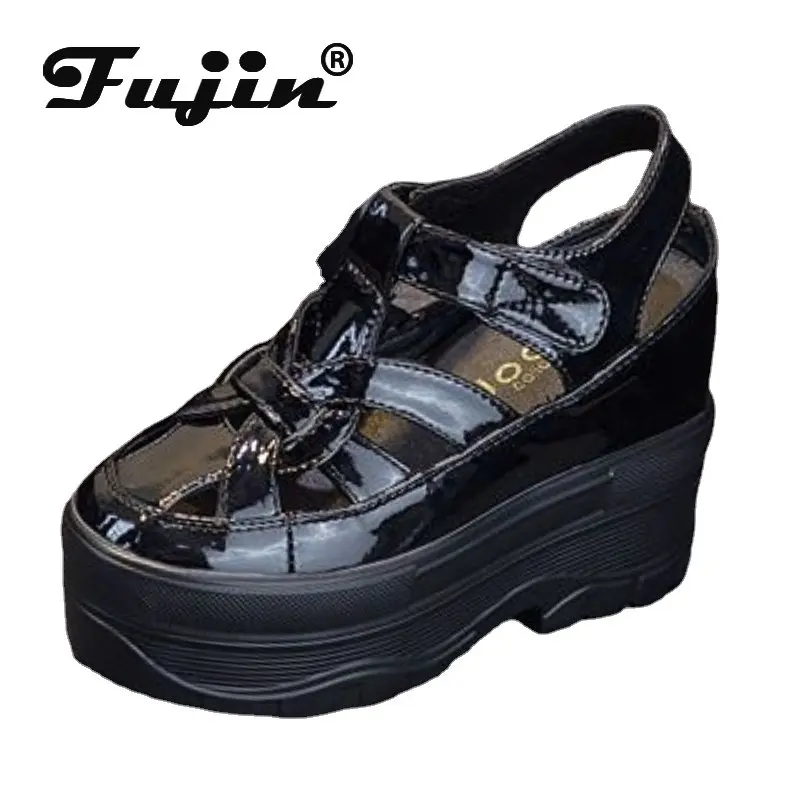 

Fujin/Женская обувь из натуральной кожи на платформе 10 см 12 см; Женские босоножки на танкетке с крючками; Модная летняя пляжная обувь из лакиро...