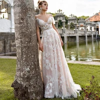 elegant a line tulle spaghetti straps wedding dress 2022 sexy v neck lace appliques sweep train bridal gowns vestidos de novia
