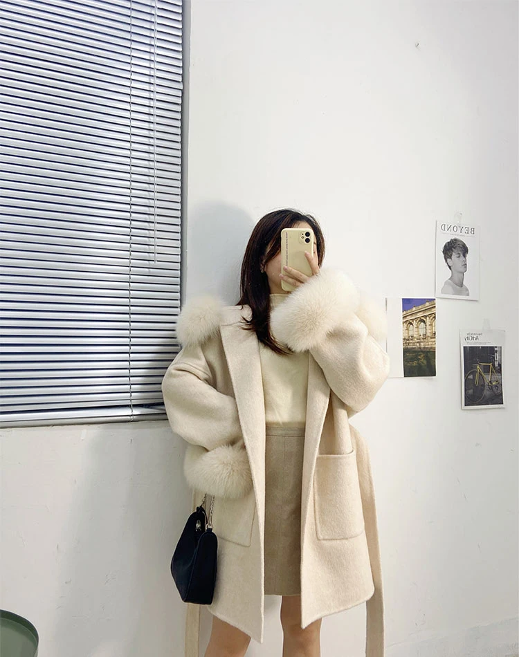 Women Real Fur Coat Cashmere Wool Blends Winter Woolen Coat Natural Fox Fur Collar Hood Jacket Fashion Outerwear Belt Oversize