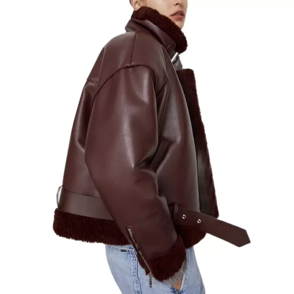 

2021 New Women Winter High Street Thick Faux Leather Fur Sheepskin Coats Ladies Motorcycle Warm Slim Fit Wine Red Belt Jackets