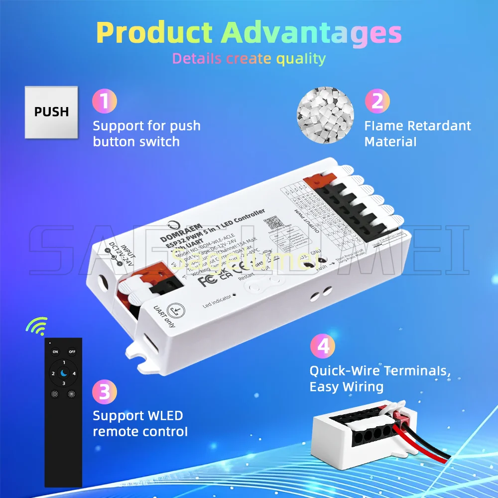 Фото Контроллер DOMRAEM ESP32 WLED с UART 5-в-1 для светодиодной ленты RGB RGBW RGBCCT работает с затемнением ШИМ Alexa Google Home Assistant №2