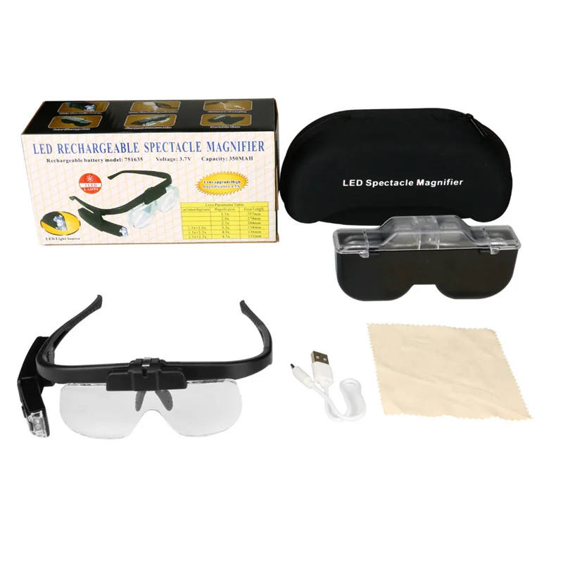 

Magnifying Glasses Reading Jewelers Watchmaker Wearing Magnifier 1.5X 2.0X 2.5X 3.5X 4.0X 4.5X USB Rechargeable With LED Light