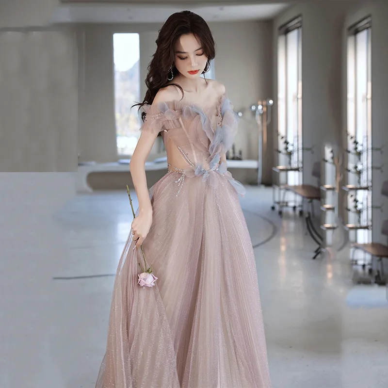 

14225#IENA Elegant V-Neck Sexy Illusion Beading Waist Floral Ruffles Puffy Tulle Maxi Evening Dresses Club Party Dress Prom Gown