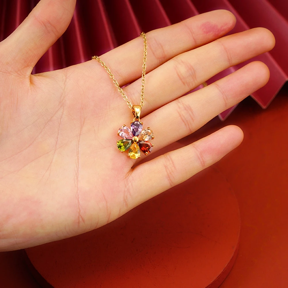 Beautiful Flowers Women Pendant Chain 5 Colors Cubic Zircon 18k Yellow Gold Filled Pretty Girlsfriend Jewelry Gift