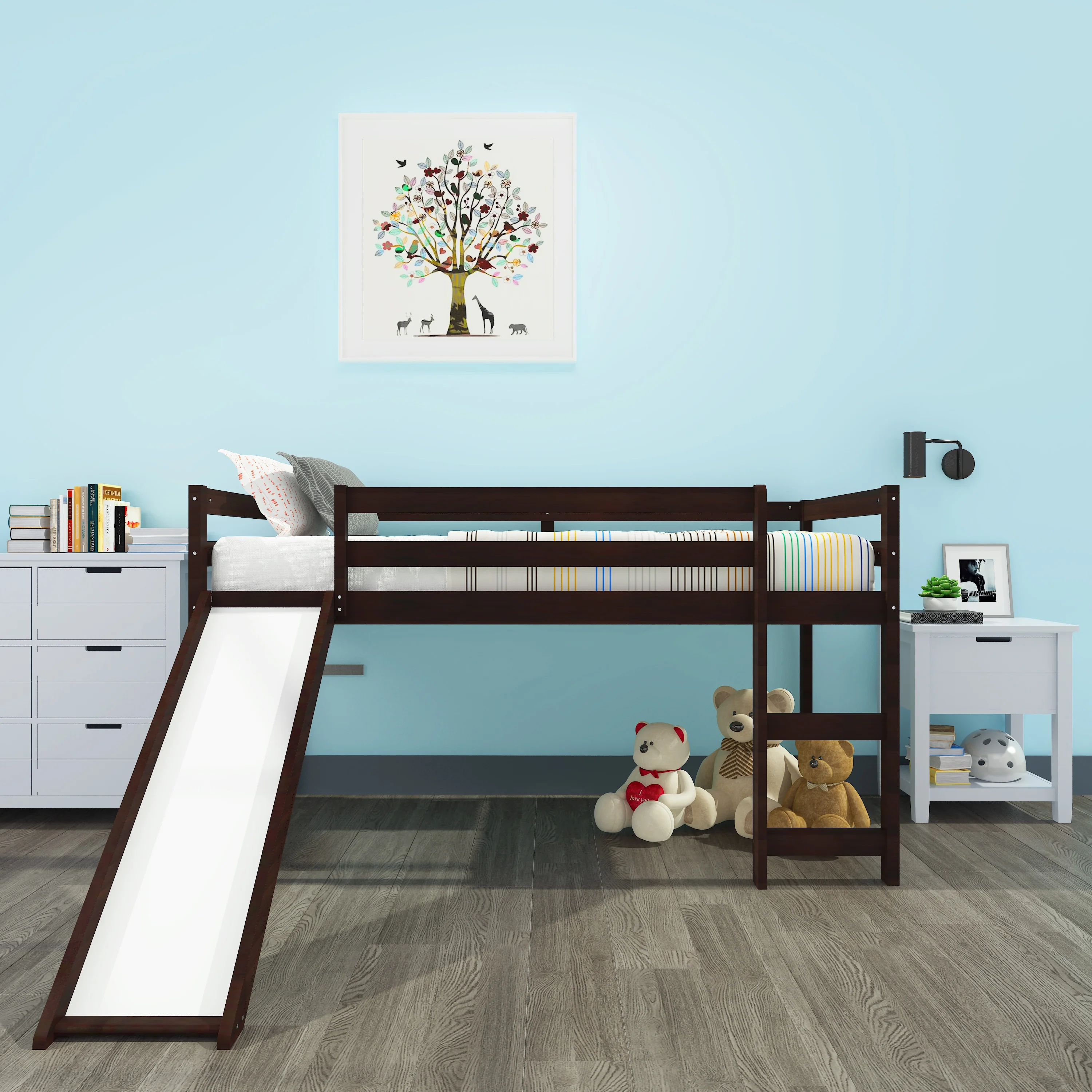 Home Modern Wooden Furniture Bedroom Furniture Beds Frames Bases Loft Bed With Slide Multifunctional Design Twin Bed Espresso