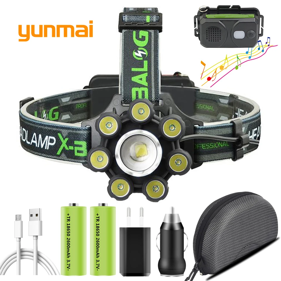 

Smart Led Headlamp Bluetooth Speaker XM-L T6 Headlight 8000 Lumen Zoom USB Reachargeable 18650 Battery Head Flashlight Lamp キャンプ