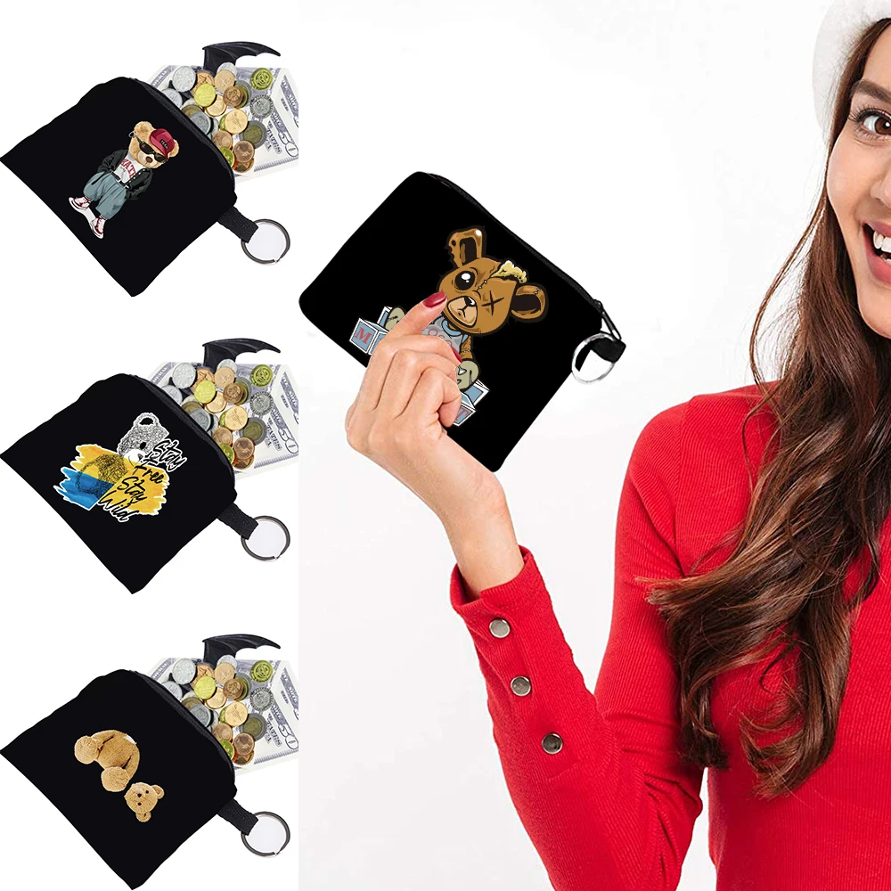 

Fashion Wallet Women Bear Pattern Print Small Coin Pouch Keyring Bag Canvas Female Zipper Coin Purse Organizer Headset Bag Case