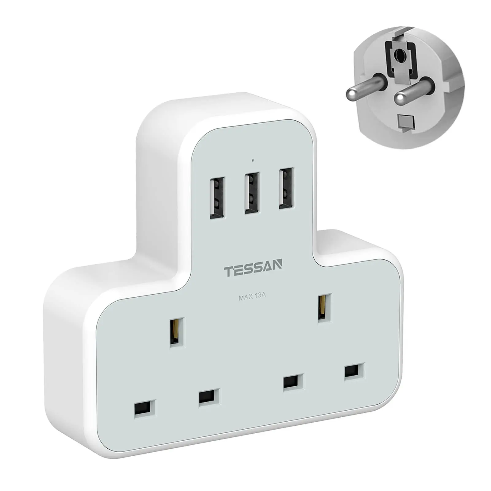 

TESSAN 2 Way Travel Adapter with 3 USB Ports, 5 in 1 Type E/F Adapter Double Plug Adaptor UK to EU Euro for Germany France Spain