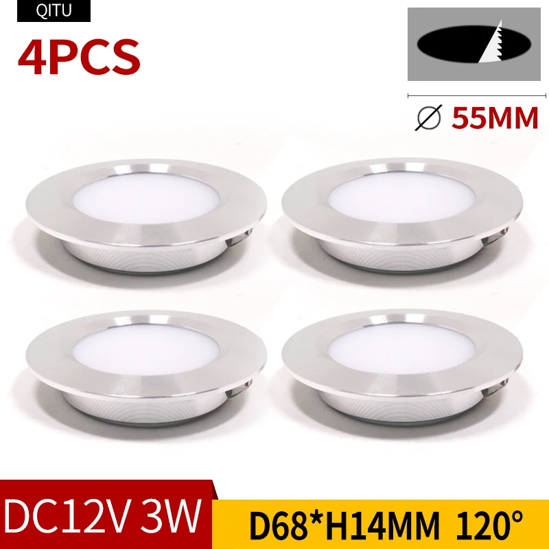4-Piece Ultra Thin 3W LED Downlight Embedded Cabinet Light Bulb 3W 12V DC Silver White Shell 55mm Hole Closet Yacht Light Lamp
