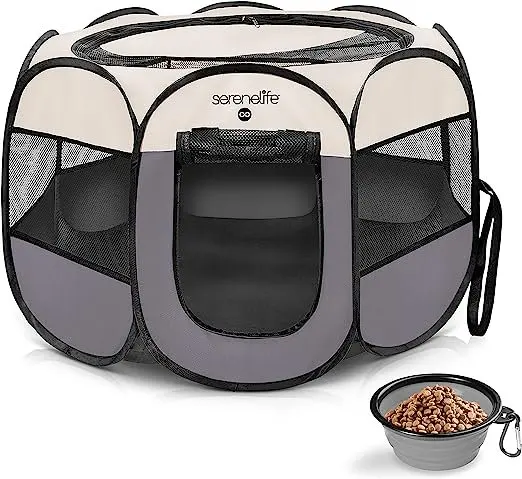 

Large Portable Foldable Pet Tent - 8-Panel Cat Dog Mesh Exercise Playpen Gray
