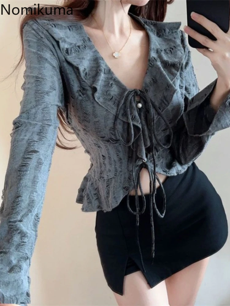 Женская блузка с V-образным вырезом длинным рукавом и оборками