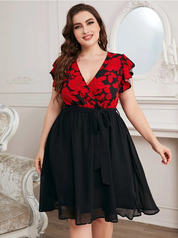 V-neck Large Women's 2022 New Fashion Print Loose Fit Dress plus size women clothing  party dresses