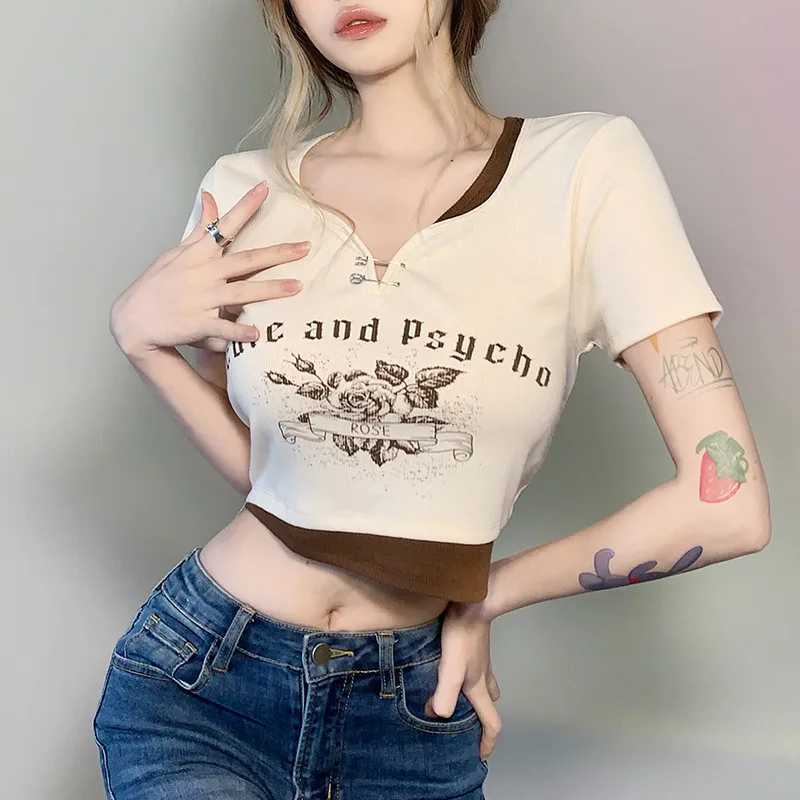 

TFETTERS Etro Printed Short Sleeve TShirt Women 2022 American Summer New Contrast Stitching Slim Sexy Navel-exposed Graphic Tee