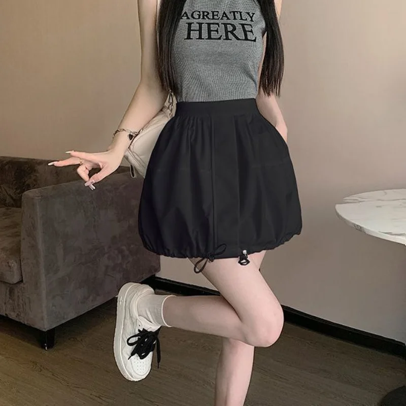

DEEPTOWN Cargo Mini Skirt Women Elastic High Waist A-line Drawstring Japanese Fashion Casual Balloon Skirt Summer Streetwear