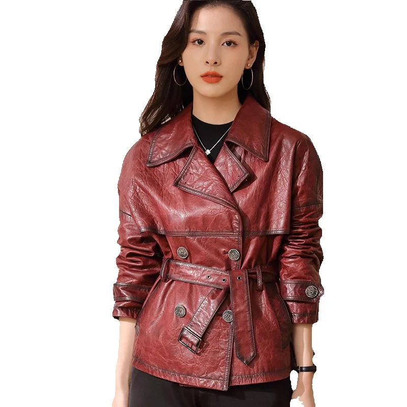 Длинная кожаная ветровка Женская куртка из натуральной кожи новый костюмный