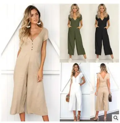 Sexy Women Rompers Jumpsuits fashion v-neck button hollow-out backless leisure short sleeves Women Jumpsuit streetwear