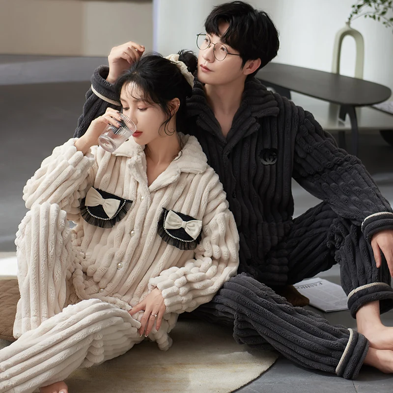 QUHENG New Flannel Pajamas for Couple Fashion Home Clothing Winter Warm Sleepwear Soft Man and Women's Pyjamas for Youth Couple