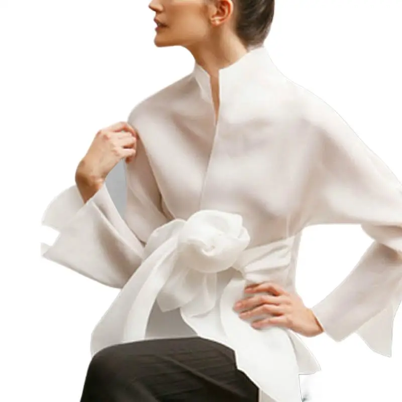 

Women Real Silk Solid Shirts Ogen Long Sleeve All-match Blouse High-end Custom Bowknot Casual Tops For Women White Beige Clothes